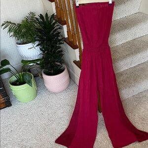 Elan Vibrant Red Bohemian Crochet Strapless Jumpsuit